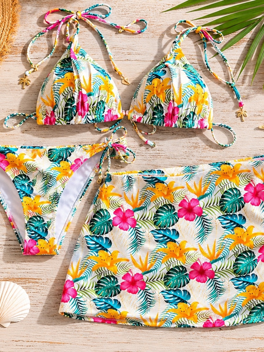 Catherine Malandrino Tropical Floral 3PC Bikini & Swim Skirt Set XL